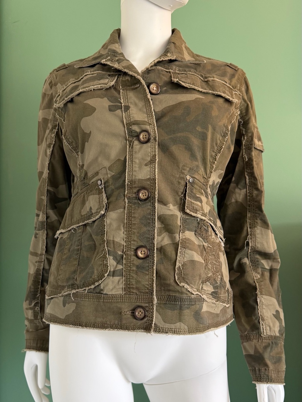 Triple Five Soul Women's Vintage Embroidered Olive Camo Utility Jacket